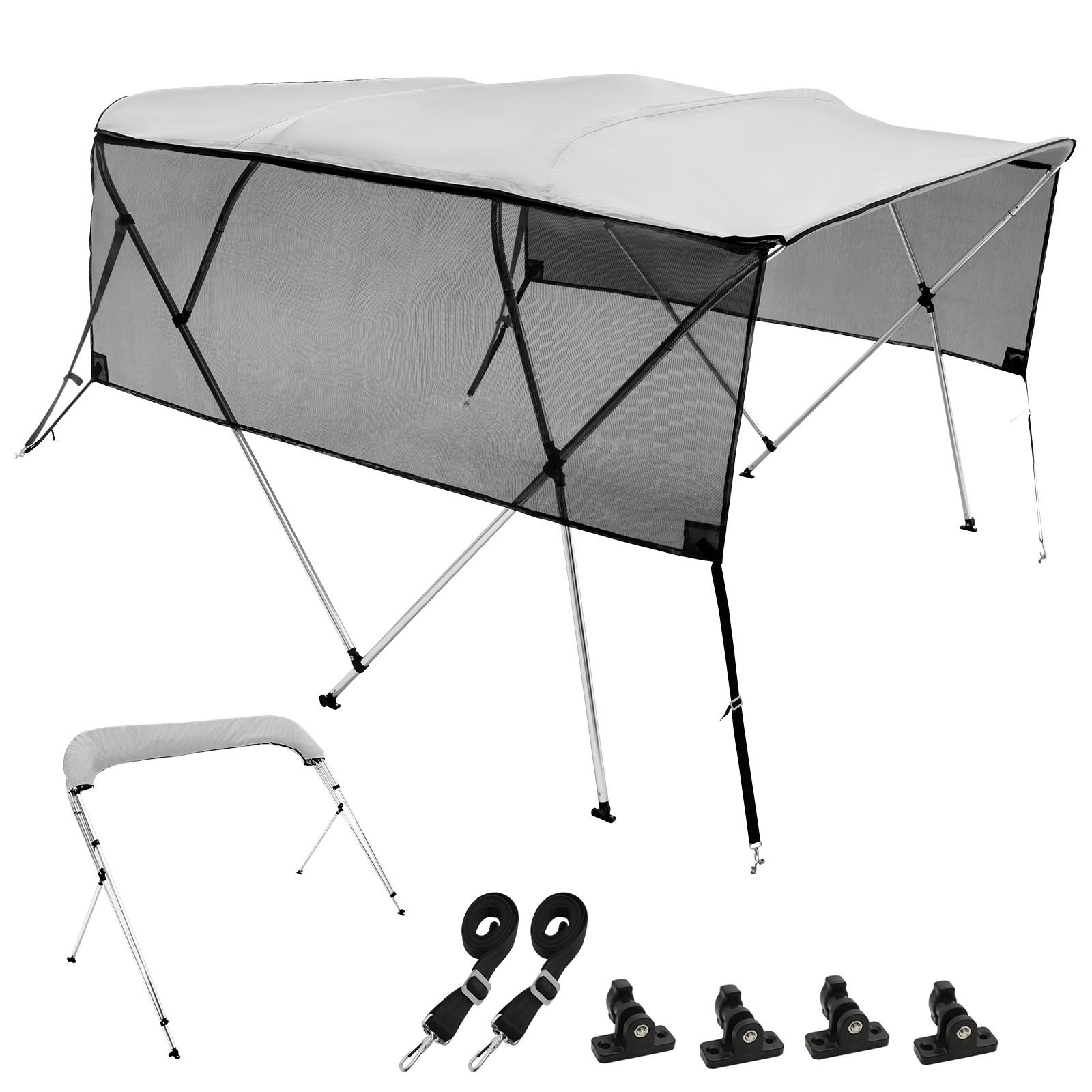 4 bow bimini top boat cover, detachable mesh sidewalls, 600d polyester canopy with 1" aluminum alloy frame, includes storage boot, 2 straps, 2 support poles, 8'l x 54"h x 91" 96"w, light grey