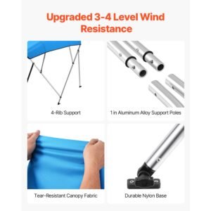 4 bow boat bimini tops, 600d polyester canopy with aluminum alloy frame, waterproof & sun shade boat awning canopy with storage bag, 2 support poles, 4 straps, 8'lx(91" 96")wx54"h, pacific blue