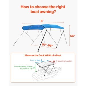 4 bow boat bimini tops, 600d polyester canopy with aluminum alloy frame, waterproof & sun shade boat awning canopy with storage bag, 2 support poles, 4 straps, 8'lx(91" 96")wx54"h, pacific blue