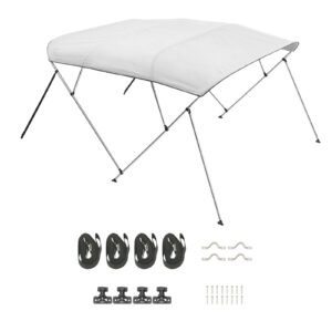 4 Bow Boat Bimini Tops, 600D Polyester Canopy with Aluminum Alloy Frame, Waterproof & Sun Shade Boat Awning Canopy with Storage Bag, 2 Support Poles, 4 Straps, 96"Lx(85"-90")Wx54"H, Light Grey