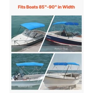 4 bow boat bimini tops, 600d polyester canopy with aluminum alloy frame, waterproof & sun shade boat awning canopy with storage bag, 2 support poles, 4 straps, 96"lx(85" 90")wx54"h, pacific blue