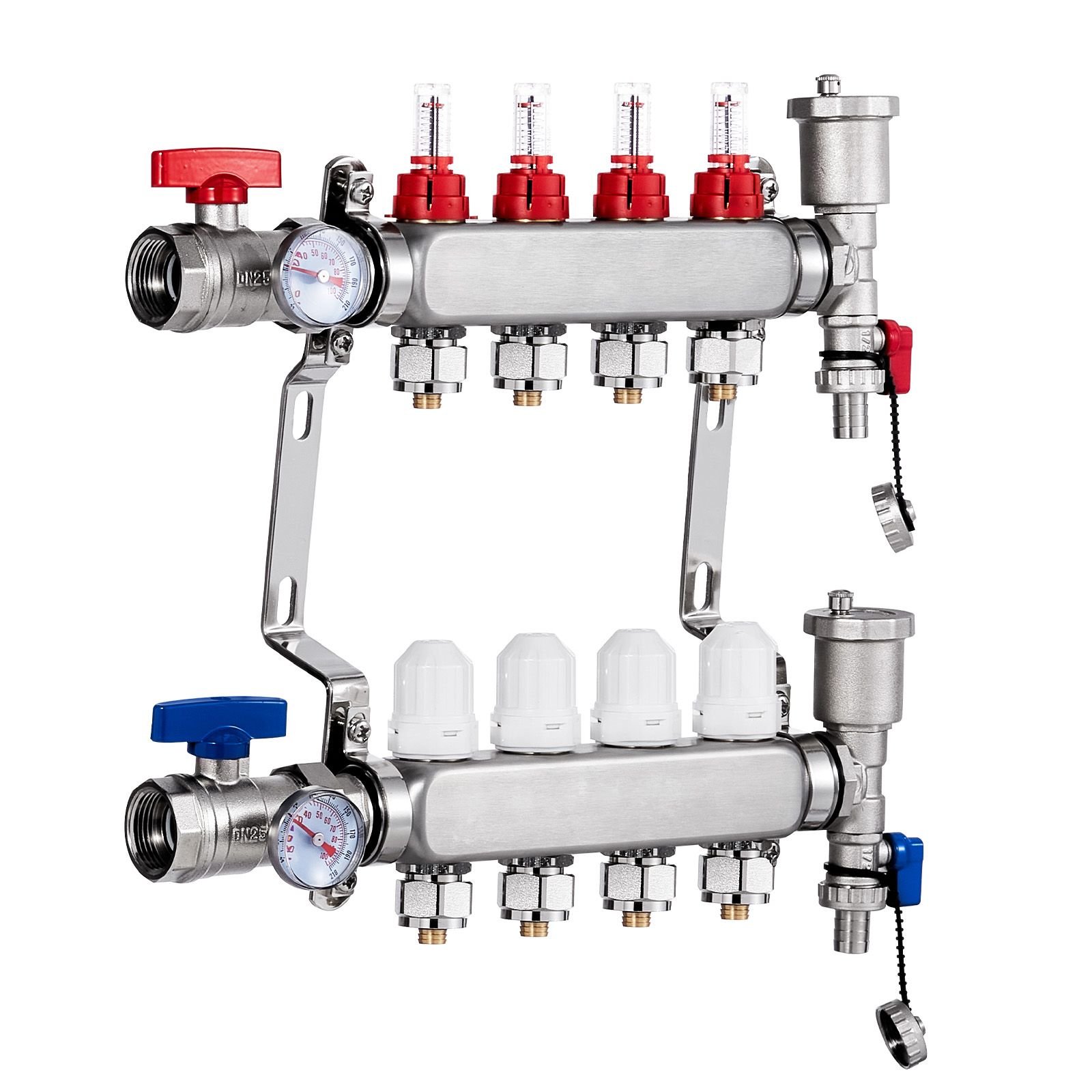 4 branch radiant heat manifold, 1/2" pex tubing manifold, stainless steel pex manifold for hydronic radiant floor heating, radiant heat pex manifold kit with 1/2" adapters included