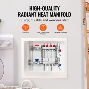 4 branch radiant heat manifold, 1/2" pex tubing manifold, stainless steel pex manifold for hydronic radiant floor heating, radiant heat pex manifold kit with 1/2" adapters included