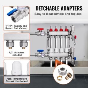 4 branch radiant heat manifold, 1/2" pex tubing manifold, stainless steel pex manifold for hydronic radiant floor heating, radiant heat pex manifold kit with 1/2" adapters included
