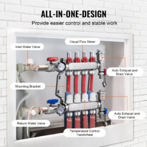 4 branch radiant heat manifold, 1/2" pex tubing manifold, stainless steel pex manifold for hydronic radiant floor heating, radiant heat pex manifold kit with 1/2" adapters included