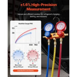 4 cfm ac vacuum pump and gauge set, 1/3 hp, single stage rotary vane hvac air vacuum pump, a/c refrigerant manifold gauge kit, with leak detector, carry bag, for r134a r22 r410a refrigerants