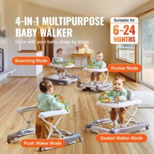 4 in 1 baby walker, foldable baby activity center on wheels, 3 adjustable height, music & toys tray, learning seated | walk behind | rocker | bouncer toddler walker for girls boys 6 24 months