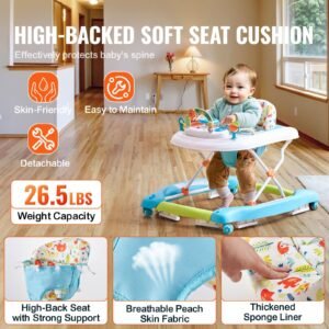 4 in 1 baby walker, foldable baby activity center on wheels, 3 adjustable height, music & toys tray, learning seated | walk behind | rocker | bouncer toddler walker for girls boys 6 24 months