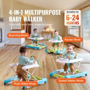 4 in 1 baby walker, foldable baby activity center on wheels, 3 adjustable height, music & toys tray, learning seated | walk behind | rocker | bouncer toddler walker for girls boys 6 24 months