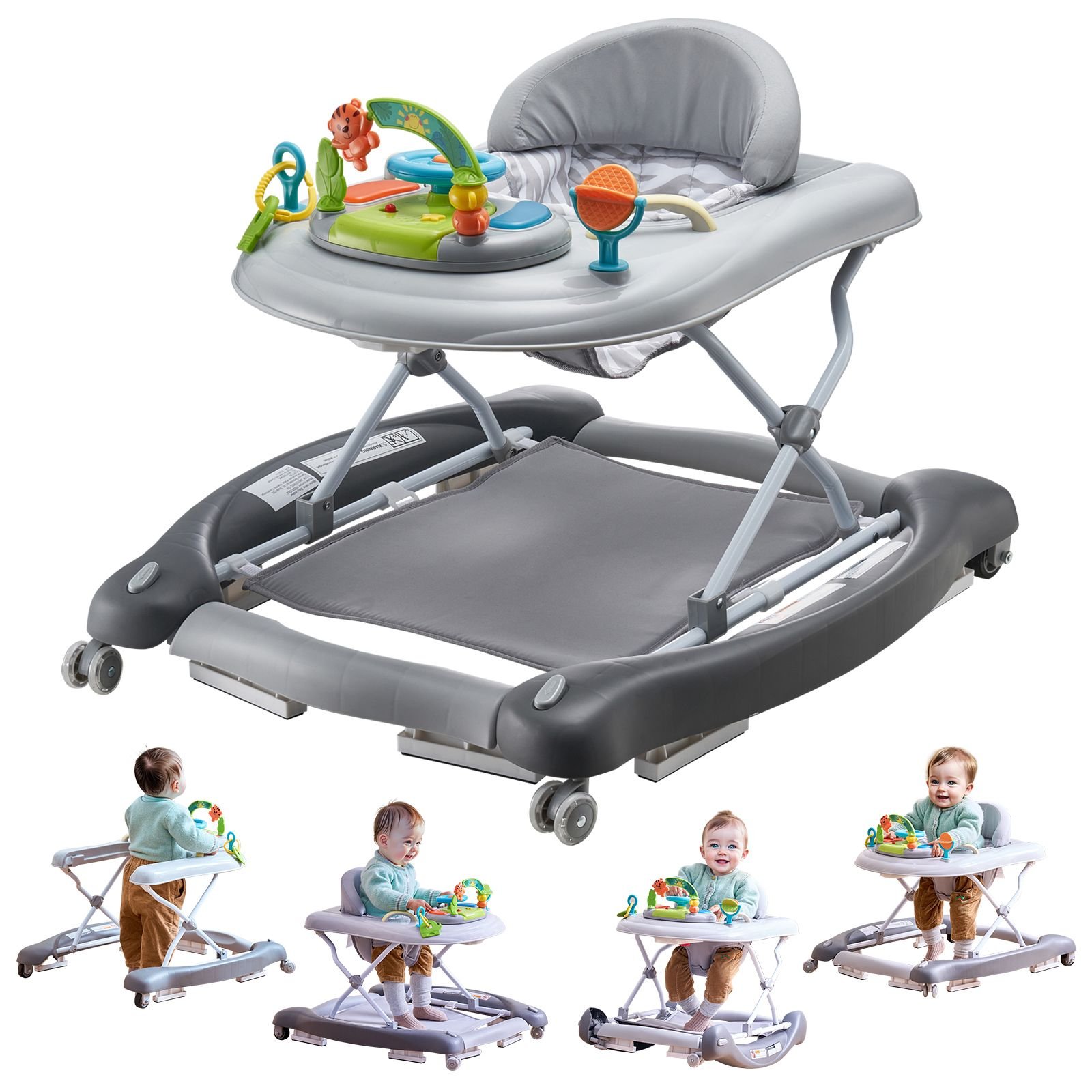 4 in 1 baby walker, foldable baby activity center on wheels, 3 adjustable height, music & toys tray, learning seated | walk behind | rocker | bouncer toddler walker for girls boys 6 24 months