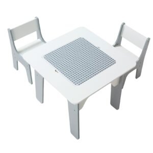 4 in 1 kid activity table and 2 chairs set, graffiti & building blocks double sided tabletop, toddler play table with storage for kids 3+ years, large storage space, gift for boys & girls, white