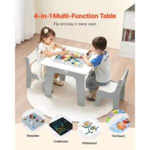 4 in 1 kid activity table and 2 chairs set, graffiti & building blocks double sided tabletop, toddler play table with storage for kids 3+ years, large storage space, gift for boys & girls, white
