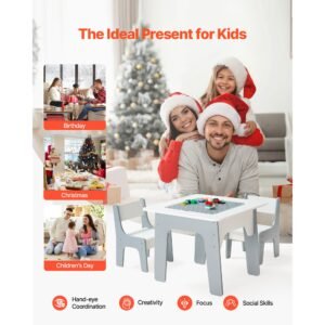 4 in 1 kid activity table and 2 chairs set, graffiti & building blocks double sided tabletop, toddler play table with storage for kids 3+ years, large storage space, gift for boys & girls, white