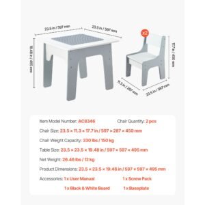 4 in 1 kid activity table and 2 chairs set, graffiti & building blocks double sided tabletop, toddler play table with storage for kids 3+ years, large storage space, gift for boys & girls, white