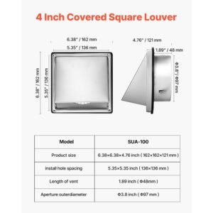 4 inch external extractor wall vent cover, square ac vent gable cover, premium stainless steel & with built in a protection screen, for house,bathroom,garage,kitchen,basement (1 pack, silver)