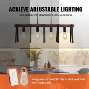 4 light kitchen island pendant lights, 60w, adjustable dining room light fixture with 2 x 6'' and 6 x 12'' rods, industrial metal frame farmhouse linear chandeliers lighting for dining room, e26