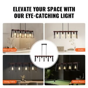 4 light kitchen island pendant lights, 60w, adjustable dining room light fixture with 2 x 6'' and 6 x 12'' rods, industrial metal frame farmhouse linear chandeliers lighting for dining room, e26