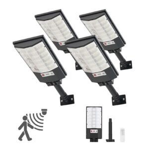 4 Pack 500W Solar Street Lights Outdoor, 50000LM, Commercial Parking Lot Lights Dusk to Dawn, LED Flood Security Lamp with Motion Sensor, IP65 Waterproof Outdoor Lighting, for Driveway Yard