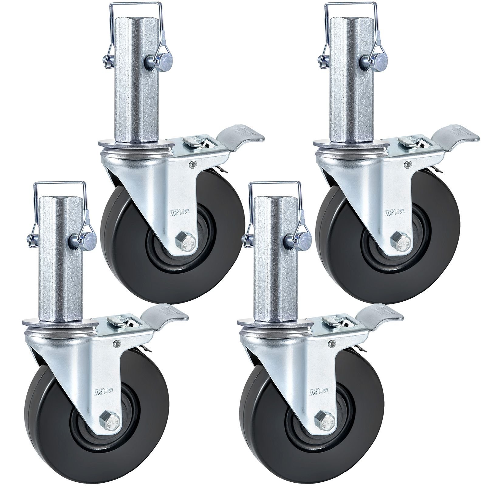 4 pack 5inch scaffolding rubber swivel caster wheels with dual locking heavy duty casters 1.26 inch square stem 440lbs capacity per wheel