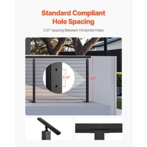 4 pack cable railing post, 42x1x2 in horizontal hole deck railing post with pre drilled holes, stainless steel cable rail post with horizontal and curved bracket, black, 4jzlgzxhs106rep67001v0