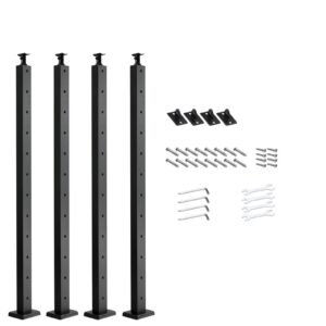 4-Pack Cable Railing Post, 42x1x2 In Horizontal-Hole Deck Railing Post with Pre-Drilled Holes, Stainless Steel Cable Rail Post with Horizontal and Curved Bracket, Black, 4JZLGZXHS106REP67001V0