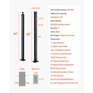 4 pack cable railing post, 42x1x2 in horizontal hole deck railing post with pre drilled holes, stainless steel cable rail post with horizontal and curved bracket, black, 4jzlgzxhs106rep67001v0