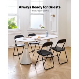 4 pack folding chairs, foldable leather chairs with heavy duty metal frame & padded cushion, portable folding card table chairs, stackable seats for home, yard, garden, parties, events, black