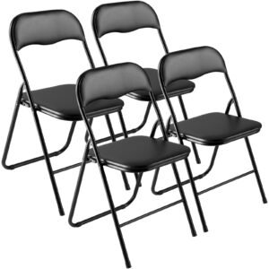 4 pack folding chairs, foldable leather chairs with heavy duty metal frame & padded cushion, portable folding card table chairs, stackable seats for home, yard, garden, parties, events, black