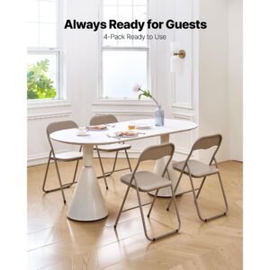 4 pack folding chairs, foldable leather chairs with heavy duty metal frame & padded cushion, portable folding card table chairs, stackable seats for home, yard, garden, parties, events, khaki