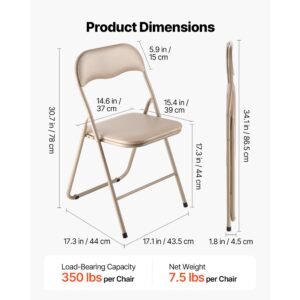4 pack folding chairs, foldable leather chairs with heavy duty metal frame & padded cushion, portable folding card table chairs, stackable seats for home, yard, garden, parties, events, khaki