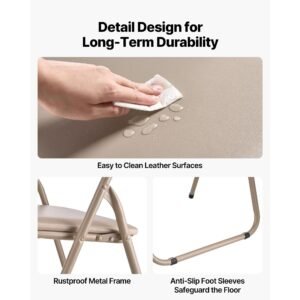 4 pack folding chairs, foldable leather chairs with heavy duty metal frame & padded cushion, portable folding card table chairs, stackable seats for home, yard, garden, parties, events, khaki