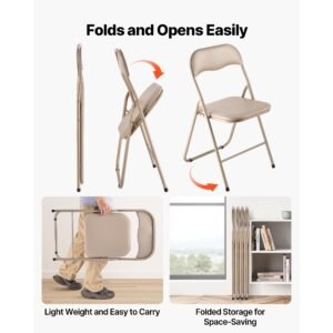 4 pack folding chairs, foldable leather chairs with heavy duty metal frame & padded cushion, portable folding card table chairs, stackable seats for home, yard, garden, parties, events, khaki