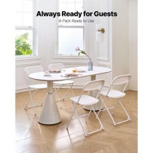4 pack folding chairs, foldable plastic chairs with heavy duty metal frame, portable folding card table chairs, stackable indoor outdoor seats for home, yard, garden, parties, events, white