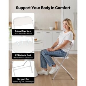 4 pack folding chairs, foldable plastic chairs with heavy duty metal frame, portable folding card table chairs, stackable indoor outdoor seats for home, yard, garden, parties, events, white