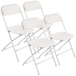 4 pack folding chairs, foldable plastic chairs with heavy duty metal frame, portable folding card table chairs, stackable indoor outdoor seats for home, yard, garden, parties, events, white