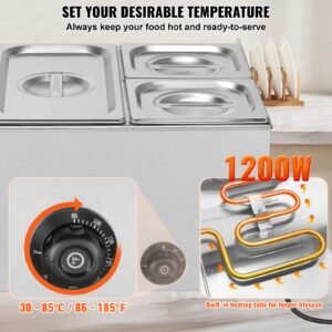 4 pan commercial food warmer, 16.4qt electric steam table, 1200w professional countertop stainless steel buffet bain marie with 86 185 fahrenheit temp control, silver