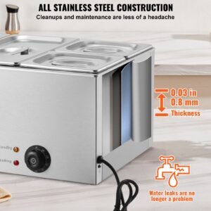 4 pan commercial food warmer, 16.4qt electric steam table, 1200w professional countertop stainless steel buffet bain marie with 86 185 fahrenheit temp control, silver