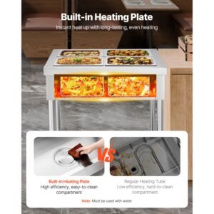 4-Pan Commercial Food Warmer, 4 x 1/2 Pans Electric Steam Table, 1500W Professional Buffet Catering Food Warmer with Undershelf, Stainless Steel Server for Restaurant Party Hotel