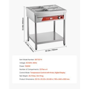 4 pan commercial food warmer, 4 x 1/2 pans electric steam table, 1500w professional buffet catering food warmer with undershelf, stainless steel server for restaurant party hotel