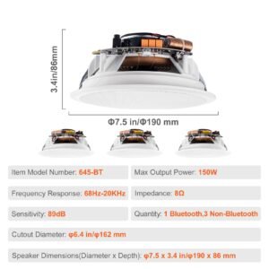 4 pcs 6.5'' bluetooth in ceiling speakers, 150w, flush mount ceiling & in wall speaker system with 8Ωimpedance 89db sensitivity, for home kitchen living room bedroom or covered outdoor porches