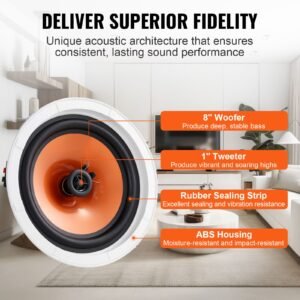 4 pcs 8 inch in ceiling speakers, 100 watts, flush mount ceiling & in wall speakers system with 8Ωimpedance 89db sensitivity, for home kitchen living room bedroom or covered outdoor porches