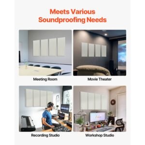 4 pcs acoustic panels, 2 inch thick 23.6 x 11.8 inch fiberglass sound absorbing panels, self adhesive soundproof wall boards, for studios, office, home theater,meeting room, beige