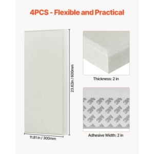4 pcs acoustic panels, 2 inch thick 23.6 x 11.8 inch fiberglass sound absorbing panels, self adhesive soundproof wall boards, for studios, office, home theater,meeting room, beige