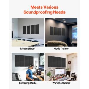 4 pcs acoustic panels, 2 inch thick 23.6 x 11.8 inch fiberglass sound absorbing panels, self adhesive soundproof wall boards, for studios, office, home theater,meeting room, black