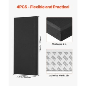 4 pcs acoustic panels, 2 inch thick 23.6 x 11.8 inch fiberglass sound absorbing panels, self adhesive soundproof wall boards, for studios, office, home theater,meeting room, black