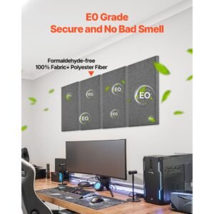 4 pcs acoustic panels, 2 inch thick 23.6 x 11.8 inch fiberglass sound absorbing panels, self adhesive soundproof wall boards, for studios, office, home theater,meeting room, gray