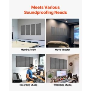 4 pcs acoustic panels, 2 inch thick 23.6 x 11.8 inch fiberglass sound absorbing panels, self adhesive soundproof wall boards, for studios, office, home theater,meeting room, gray