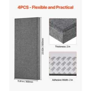 4 pcs acoustic panels, 2 inch thick 23.6 x 11.8 inch fiberglass sound absorbing panels, self adhesive soundproof wall boards, for studios, office, home theater,meeting room, gray