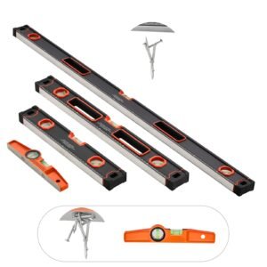 4-Piece Torpedo Level, 48/24/16/10 Inch All Magnetic Levels Set, Fluorescent Light Up Bubble Vials Ruler for 45/90/180 Degree, Aluminum Alloy Magnetic Box Leveler Tool, SAE and Metric Scale