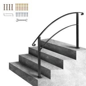 4-Step Handrail Fits 1 or 4 Steps Matte Black Stair Rail Wrought Iron Handrail with Installation Kit Hand Rails for Outdoor Steps